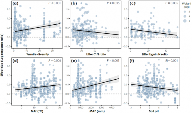 Influence of (a) termite diversity, (b) litter C: N ratio, (c) litter lignin: N ratio, (d) mean annual temperature (MAT), (e) mean annual precipitation (MAP), and (f) soil pH on invertebrate effect sizes determined using mixed-effect meta regressions. (Illustration adapted from respective paper)